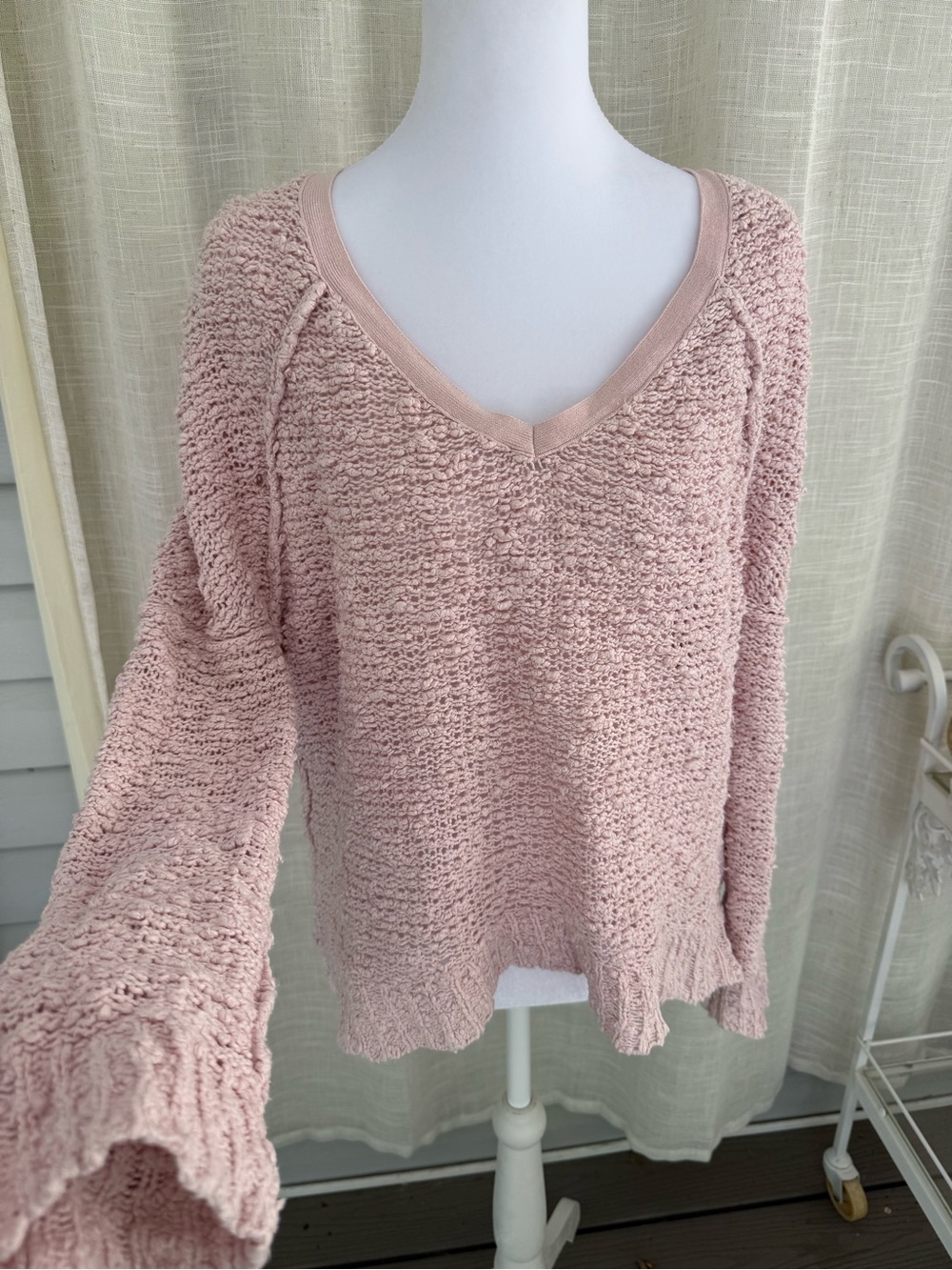 Free People Beach Blush Pink Popcorn Knit V Neck Oversized Sweater
